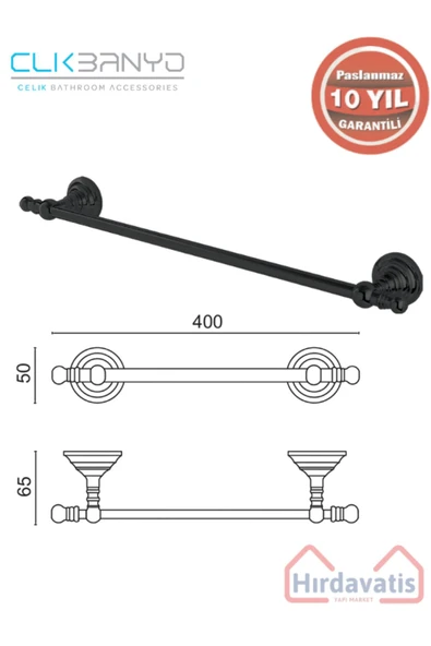 ÇELİK BANYO Paslanmaz Pirinç Ottoman Uzun Havluluk 50cm Mat Siyah ürün görseli 1