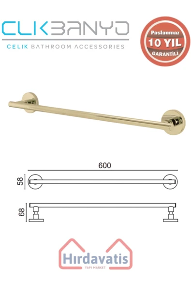 ÇELİK BANYO Paslanmaz Pirinç Flora Uzun Havluluk 60cm Altın Sarı Gold ürün görseli 1