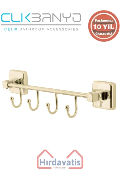 ÇELİK BANYO Paslanmaz Pirinç Kumru Kancalı 4’lü Askılık Altın Sarı Gold ürün görseli 1