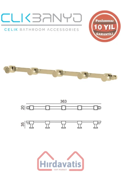 ÇELİK BANYO Paslanmaz Pirinç Mercan 5’li Askılık Altın Sarı Gold ürün görseli 1