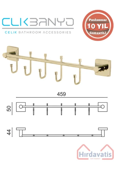 ÇELİK BANYO Paslanmaz Pirinç Vizyon Çıkmalı 5’li Askılık Altın Sarı Gold ürün görseli 1