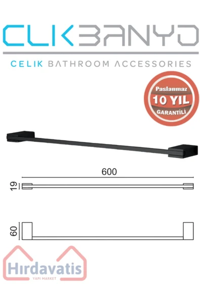 ÇELİK BANYO Paslanmaz Pirinç Titanik 60 Cm Uzun Havluluk Mat Siyah ürün görseli 1