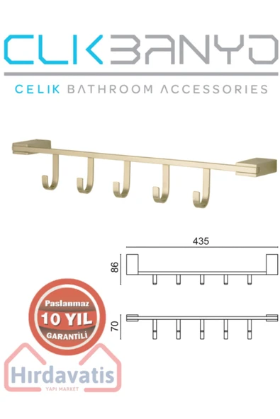 ÇELİK BANYO Havlu Askısı Paslanmaz Pirinç Titanik 5'li Askılık Altın Gold ürün görseli 1
