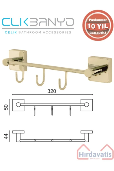 ÇELİK BANYO Paslanmaz Pirinç Vizyon Kanca 3’lü Askılık Altın Sarı Gold ürün görseli 1