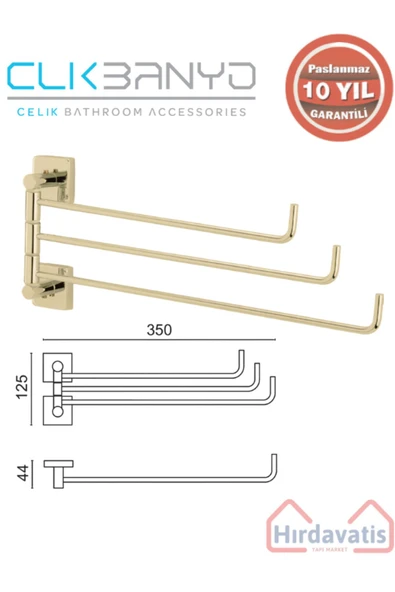 ÇELİK BANYO Paslanmaz Pirinç Vizyon 3’lü Döner Havluluk Altın Sarı Gold ürün görseli 1