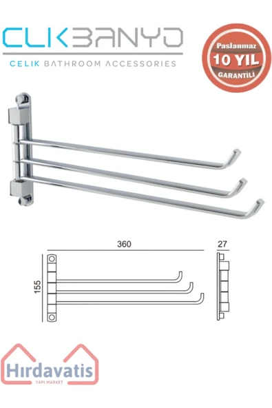 ÇELİK BANYO Paslanmaz Pirinç Mercan 3’lü Döner Havluluk ürün görseli 1