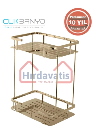 CLK BANYO Paslanmaz Pirinç Altın Gold Lidya 2'li 15x22 Cm Şampuanlık Banyo Rafı ürün görseli 1