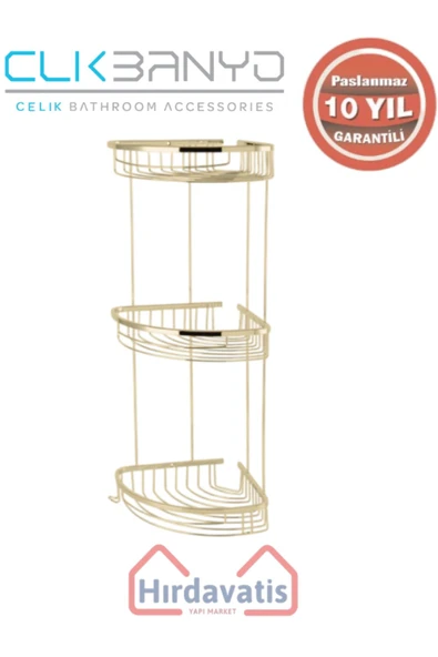 ÇELİK BANYO Paslanmaz Pirinç Destina Krom Üçlü 22x22cm Sabunluk Şampuanlık Ve Köşe Süngerlik Altın Sarı Gold ürün görseli 1