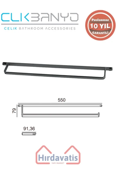 ÇELİK BANYO Paslanmaz Pirinç Mercan Uzun Havluluk 50cm Mat Siyah ürün görseli 1