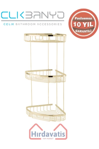 ÇELİK BANYO Paslanmaz Pirinç Zerrin Üçlü 22x22cm Sabunluk Şampuanlık Ve Köşe Süngerlik Altın Sarı Gold ürün görseli 1