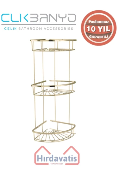 ÇELİK BANYO Paslanmaz Pirinç Zirve 304 Üçlü Lamalı 19x19cm Sabunluk Şampuanlık Ve Köşe Süngerlik Altın Sarı Gold ürün görseli 1