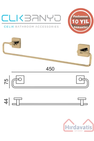 ÇELİK BANYO Paslanmaz Pirinç Vizyon Uzun Havluluk 45cm Altın Sarı Gold ürün görseli 1