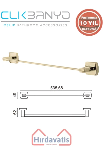 ÇELİK BANYO Paslanmaz Pirinç Milano Uzun Havluluk 50cm Altın Sarı Gold ürün görseli 1