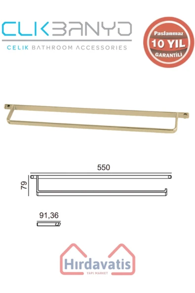 ÇELİK BANYO Paslanmaz Pirinç Mercan Uzun Havluluk 50cm Altın Sarı Gold ürün görseli 1