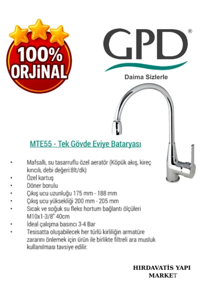 GPD Solus MTE55 Tek Gövde Eviye Bataryası - Resim 4