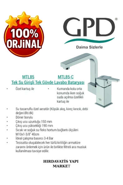 GPD Ritmo MTL85 Tek Gövde Lavabo Bataryası - Resim 4
