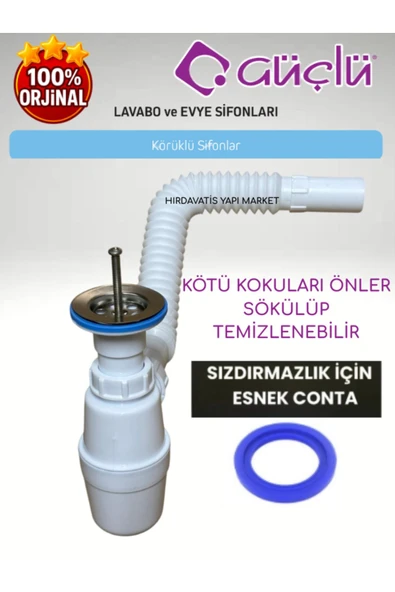 GÜÇLÜ Taslı Körüklü Sifon Ø32 65 mm 304 Kalite Paslanmaz Süzgeçli Lavabo Evye Sifonu ürün görseli 1