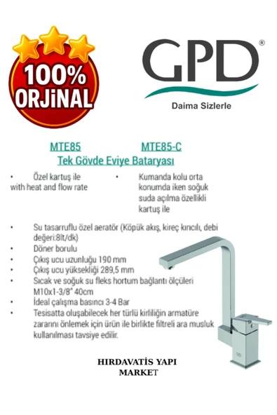 GPD Ritmo MTE85 Tek Gövde Eviye Bataryası - Resim 4