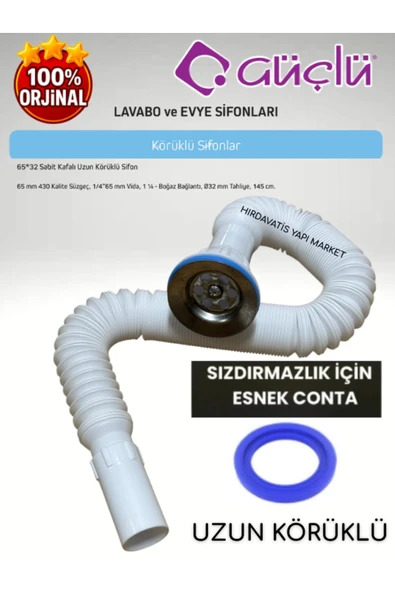 GÜÇLÜ 65*32 Sabit Kafalı Uzun Körüklü Lavabo ve Evye Sifonu Meram Q32 430 Kalite ürün görseli 1