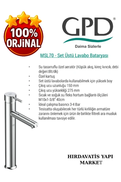 GPD Espina MSL70 Set Üstü Lavabo Bataryası - Resim 4