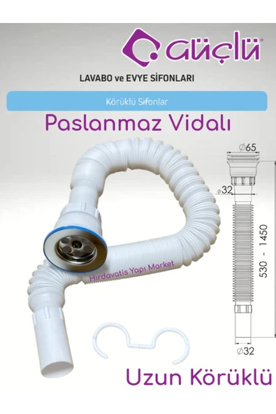 GÜÇLÜ KÖRÜKLÜ LAVABO EVYE SİFONU LÜX Q32 ÇİFTLİ KÖRÜK PASLANMAZ VİDALI ürün görseli 1