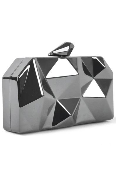 Geometrik Desenli Platin Metal Clutch Abiye Çanta ürün görseli 1