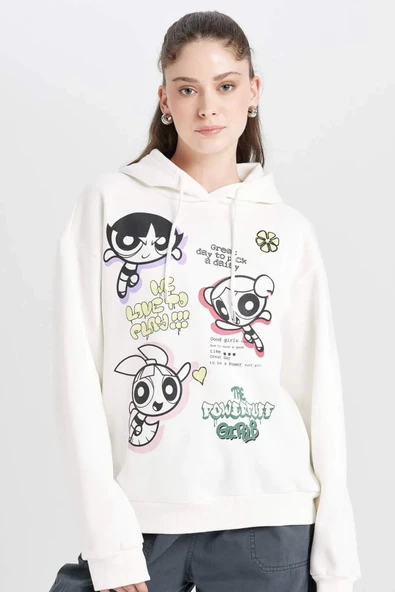 Defacto Coool PowerPuff Girls Oversize Geniş Kalıp Kapüşonlu Baskılı Kalın Sweatshirt D4846AX24WN ürün görseli 1