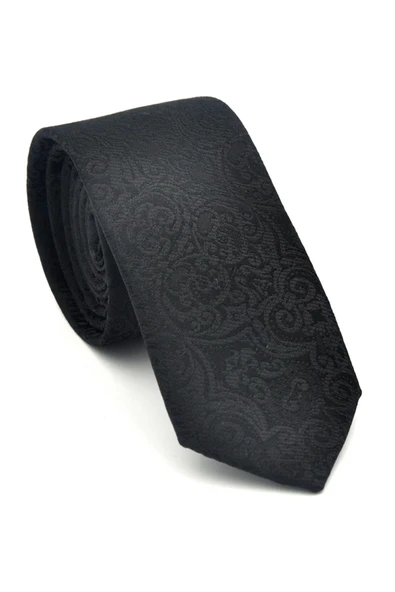 Şal Desenli Siyah Dokuma Kumaş Mendilli Slim Fit Kravat // SDK-2506-1 ürün görseli 1
