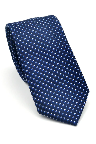 Beyaz Küçük Kare Desenli Lacivert Dokuma Kumaş Mendilli Slim Fit Kravat // SDK-2511-2 ürün görseli 1
