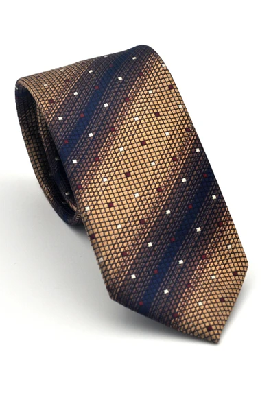 Kahverengi Verev Desenli Bej Dokuma Kumaş Mendilli Slim Fit Kravat // SDK-2505-5 ürün görseli 1