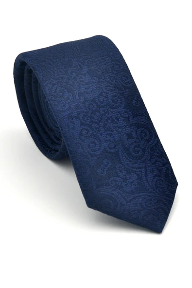 Şal Desenli Lacivert Dokuma Kumaş Mendilli Slim Fit Kravat // SDK-2506-2 ürün görseli 1