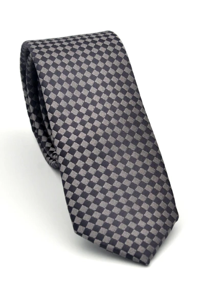 Kahverengi Piti Kare Desenli Vizon Dokuma Kumaş Mendilli Slim Fit Kravat // SDK-2503-3 ürün görseli 1