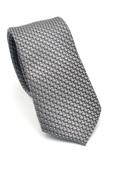 Beyaz Küçük Kare Desenli Gri Dokuma Kumaş Mendilli Slim Fit Kravat // SDK-2511-4 ürün görseli 1