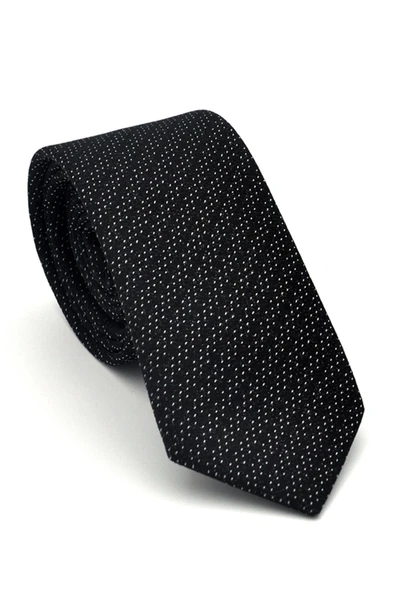 Beyaz Kırcıl Desenli Siyah Dokuma Kumaş Mendilli Slim Fit Kravat // SDK-2504-1 ürün görseli 1