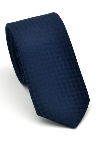 Lacivert Piti Kare Desenli Lacivert Dokuma Kumaş Mendilli Slim Fit Kravat // SDK-2503-2 ürün görseli 1