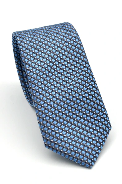 Beyaz Küçük Kare Desenli Mavi Dokuma Kumaş Mendilli Slim Fit Kravat // SDK-2511-5 ürün görseli 1