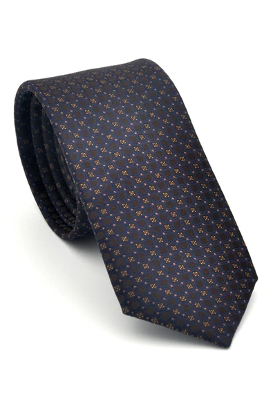 Bej Karışık Desenli Kahverengi Dokuma Kumaş Mendilli Slim Fit Kravat // SDK-2502-5 ürün görseli 1