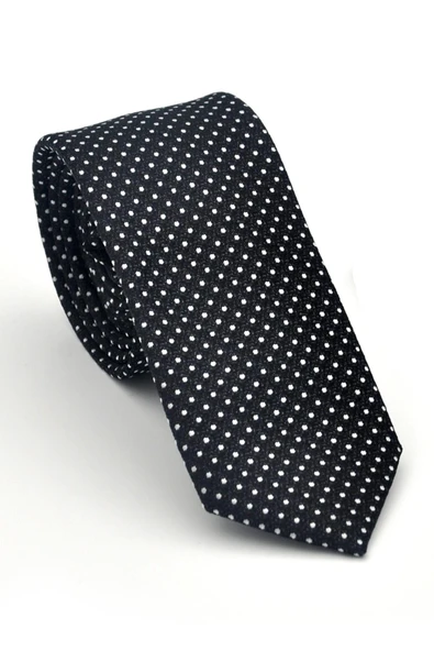 Beyaz Nokta Desenli Siyah Dokuma Kumaş Mendilli Slim Fit Kravat // SDK-2510-1 ürün görseli 1