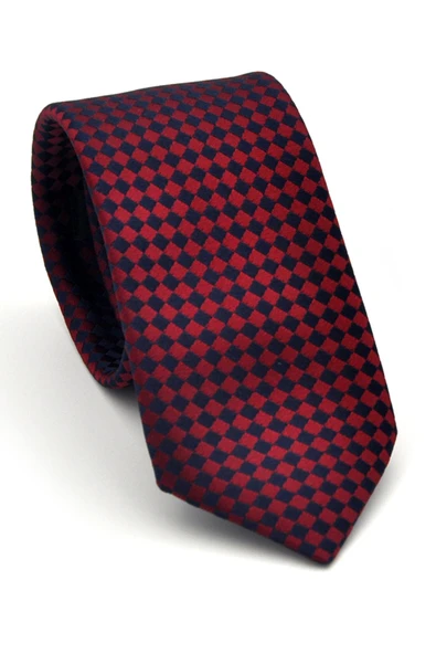 Lacivert Piti Kare Desenli Bordo Dokuma Kumaş Mendilli Slim Fit Kravat // SDK-2503-6 ürün görseli 1