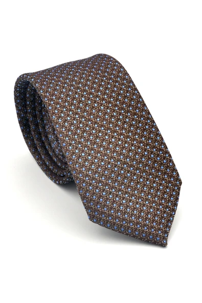 Mavi Nokta Desenli Kahverengi Dokuma Kumaş Mendilli Slim Fit Kravat // SDK-2510-5 ürün görseli 1