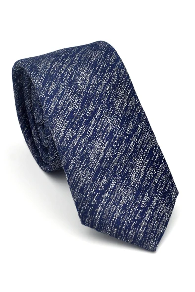 Gri Kırcıllı Desenli Lacivert Dokuma Kumaş Mendilli Slim Fit Kravat // SDK-2501-2 ürün görseli 1