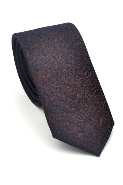 Şal Desenli Kahverengi Dokuma Kumaş Mendilli Slim Fit Kravat // SDK-2508-4 ürün görseli 1