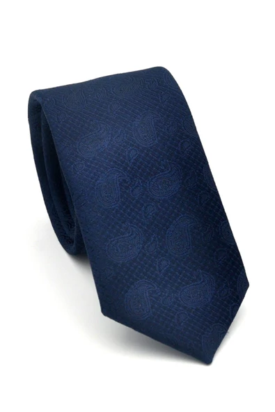 Şal Desenli Lacivert Dokuma Kumaş Mendilli Slim Fit Kravat // SDK-2509-2 ürün görseli 1