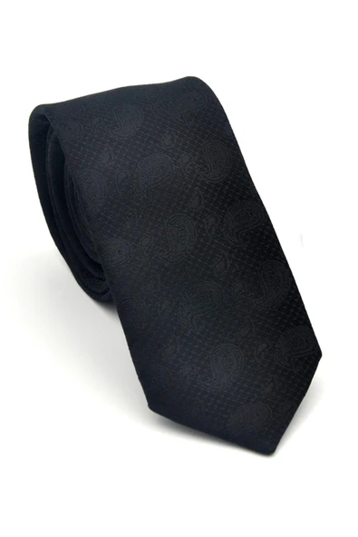 Şal Desenli Siyah Dokuma Kumaş Mendilli Slim Fit Kravat // SDK-2509-1 ürün görseli 1