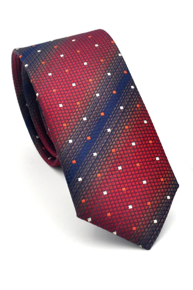 Lacivert Verev Desenli Bordo Dokuma Kumaş Mendilli Slim Fit Kravat // SDK-2505-3 ürün görseli 1