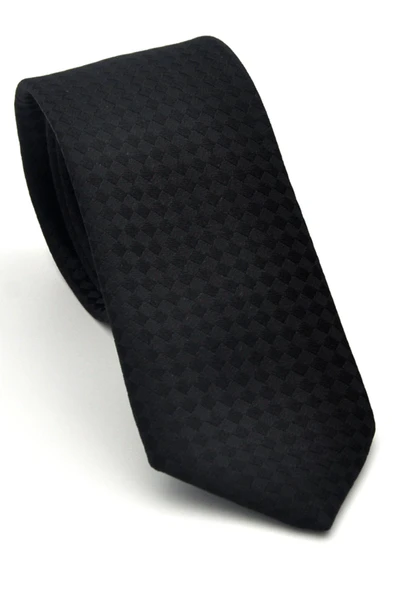 Siyah Piti Kare Desenli Siyah Dokuma Kumaş Mendilli Slim Fit Kravat // SDK-2503-1 ürün görseli 1