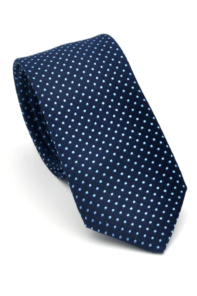 Mavi Nokta Desenli Lacivert Dokuma Kumaş Mendilli Slim Fit Kravat // SDK-2510-2 ürün görseli 1