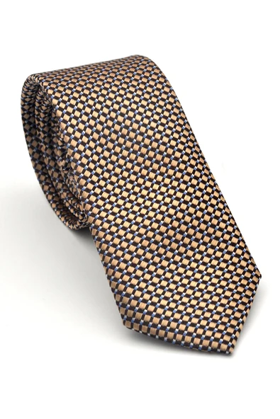 Beyaz Küçük Kare Desenli Bej Dokuma Kumaş Mendilli Slim Fit Kravat // SDK-2511-7 ürün görseli 1