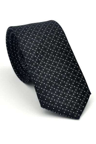Beyaz Karışık Desenli Siyah Dokuma Kumaş Mendilli Slim Fit Kravat // SDK-2502-1 ürün görseli 1