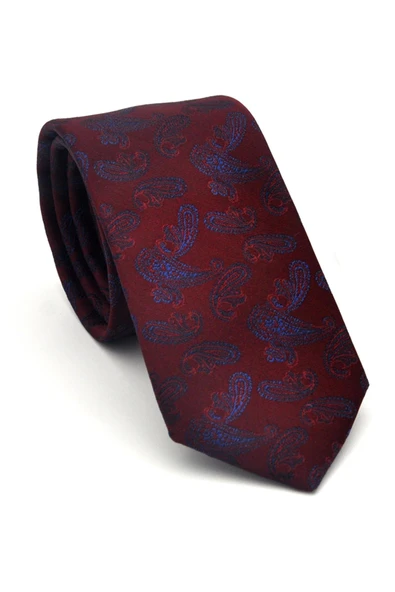 Lacivert Şal Desenli Bordo Dokuma Kumaş Mendilli Slim Fit Kravat // SDK-2507-3 ürün görseli 1